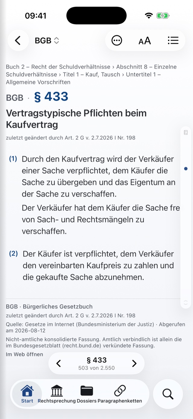 § 433 BGB in der Leseansicht mit Fundstellenpfad, Absätzen und Quellenangabe