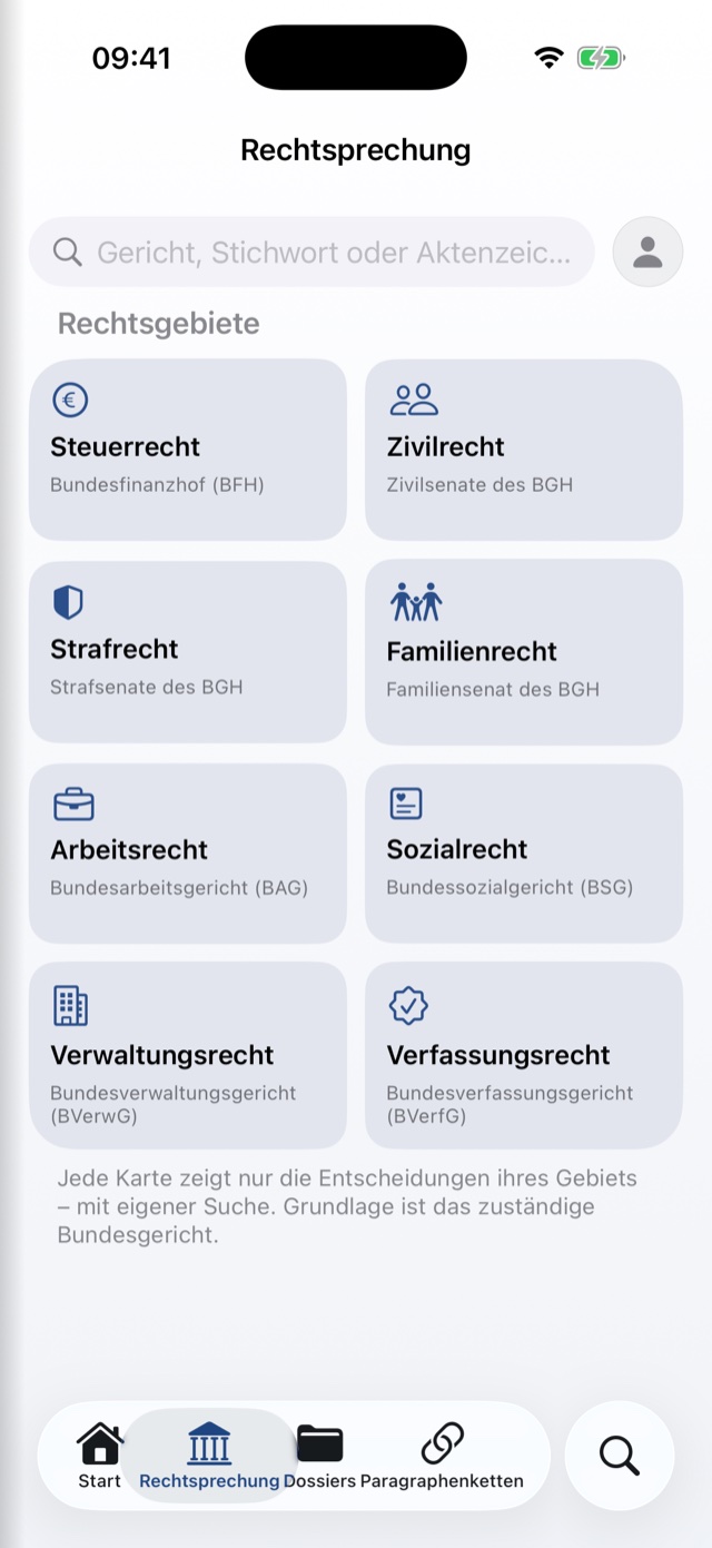 Der Bereich Rechtsprechung mit acht Rechtsgebiets-Karten von Steuerrecht bis Verfassungsrecht
