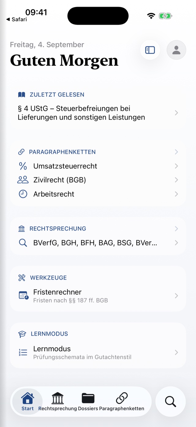 Die Startseite von DiamLaw mit „Zuletzt gelesen“, Paragraphenketten, Rechtsprechung und Werkzeugen