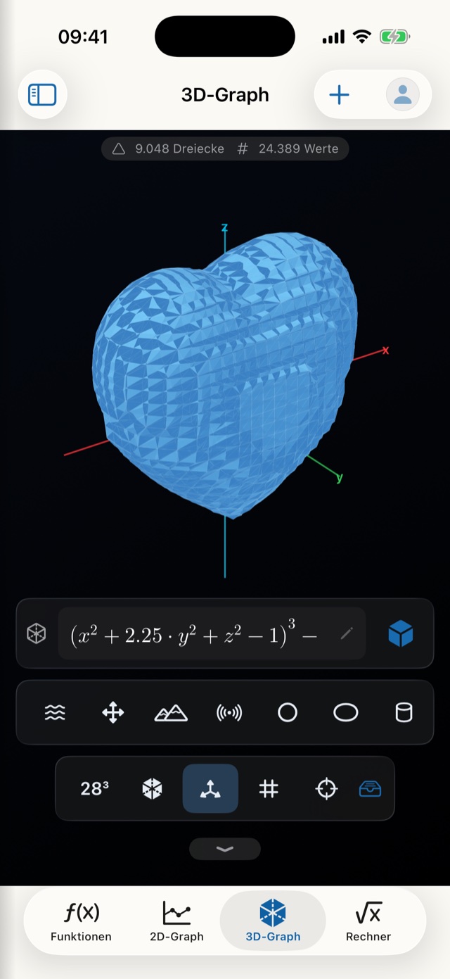Der 3D-Graph zeigt eine implizite Herzfläche mit den Achsen x, y und z