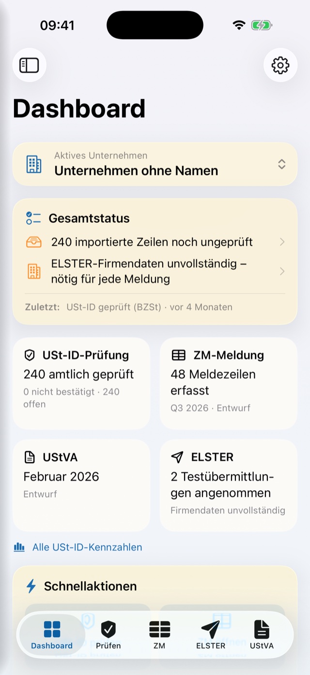Das Dashboard von DiamVAT mit Gesamtstatus, geprüften USt-IdNrn., ZM-Meldezeilen, Voranmeldung und ELSTER-Testübermittlungen